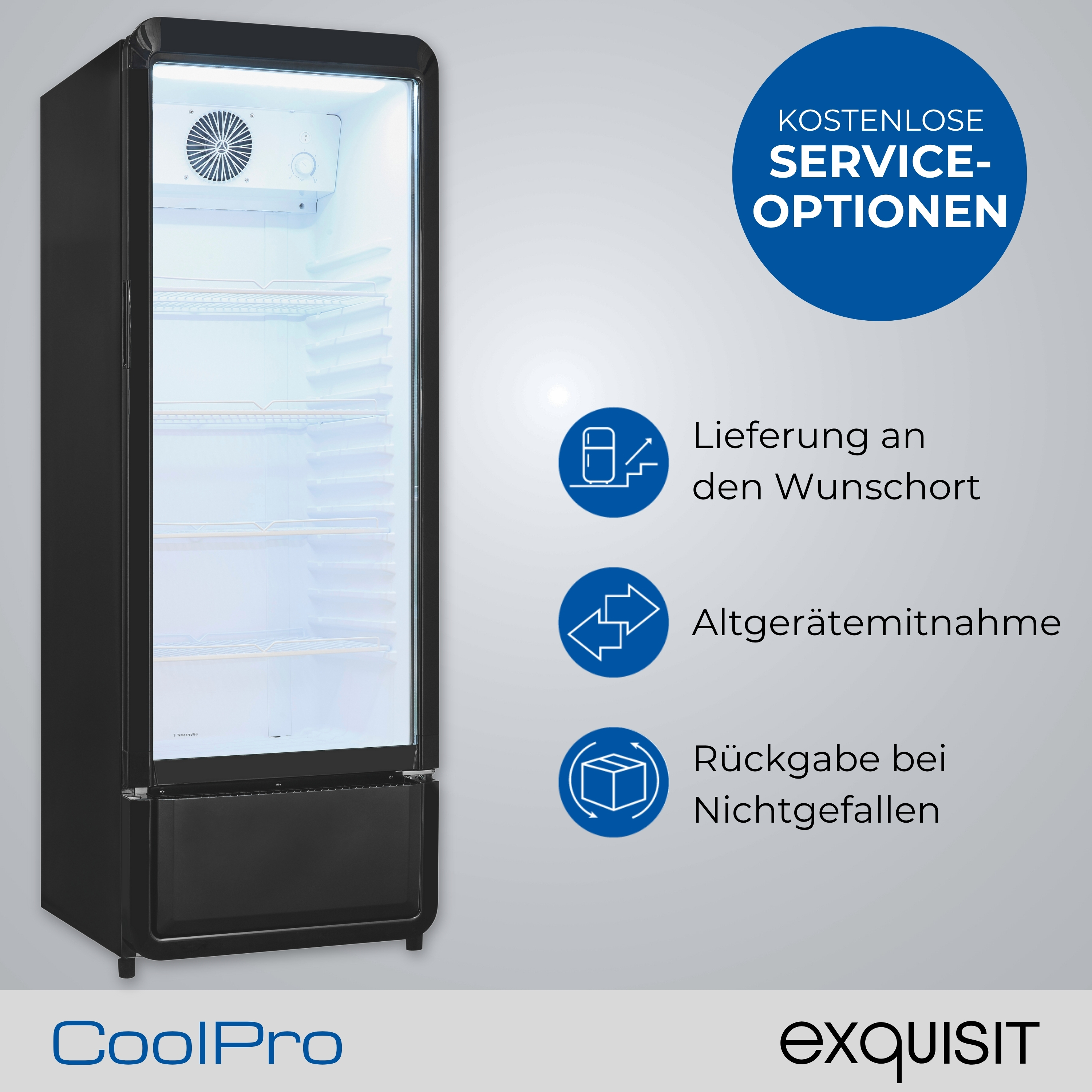 Schwarzer CoolPro-Kühlschrank mit Glastür. Blaue Kreise mit Text und Symbolen zu Dienstleistungen.