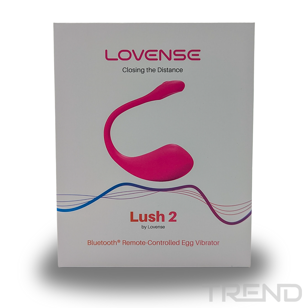 Białe pudełko z różowym wzorem wibratora. Tekst zawiera 'LOVENSE', 'Lush 2' i 'Bluetooth Remote-Controlled Egg Vibrator'.