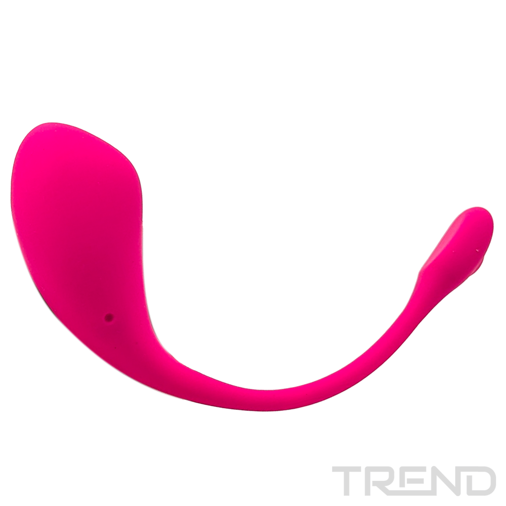 Różowa, zakrzywiona zabawka erotyczna z dwoma zaokrąglonymi końcami. Leży na białym tle. Słowo TREND jest wydrukowane na dole.