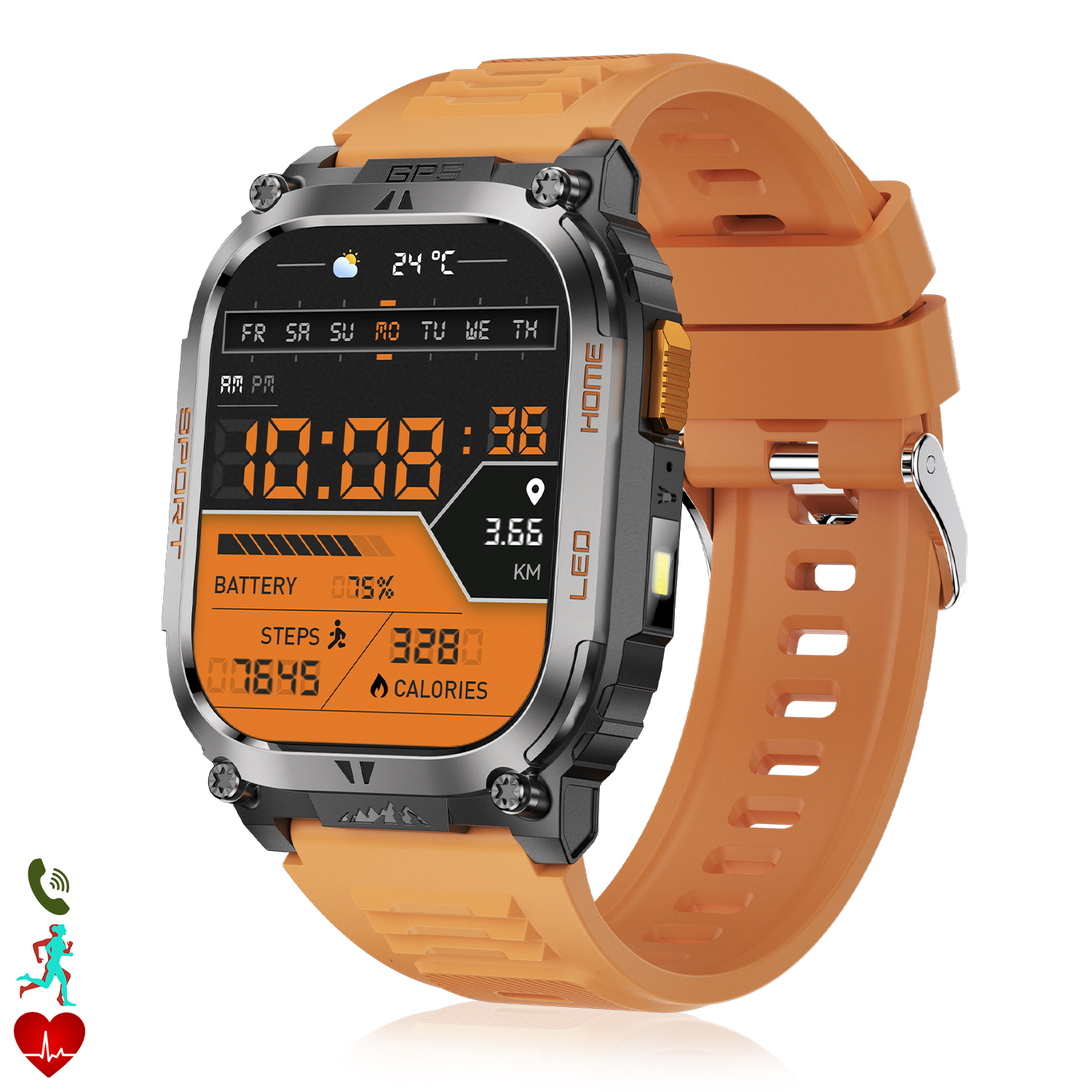 Uno smartwatch arancione mostra ora, passi, batteria e calorie. Ha una lunetta metallica e un cinturino arancione. Icone sportive sul lato.