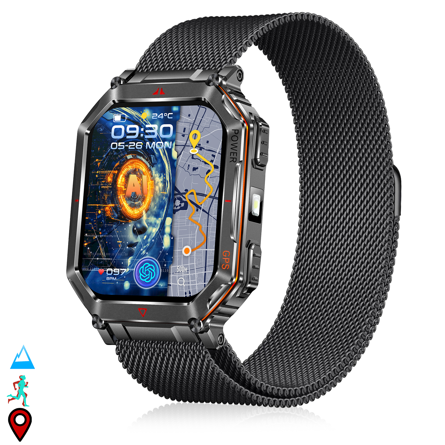 Uno smartwatch nero con cinturino a maglia mostra ora, data e mappa. Lo schermo mostra AI, frequenza cardiaca e dati GPS.
