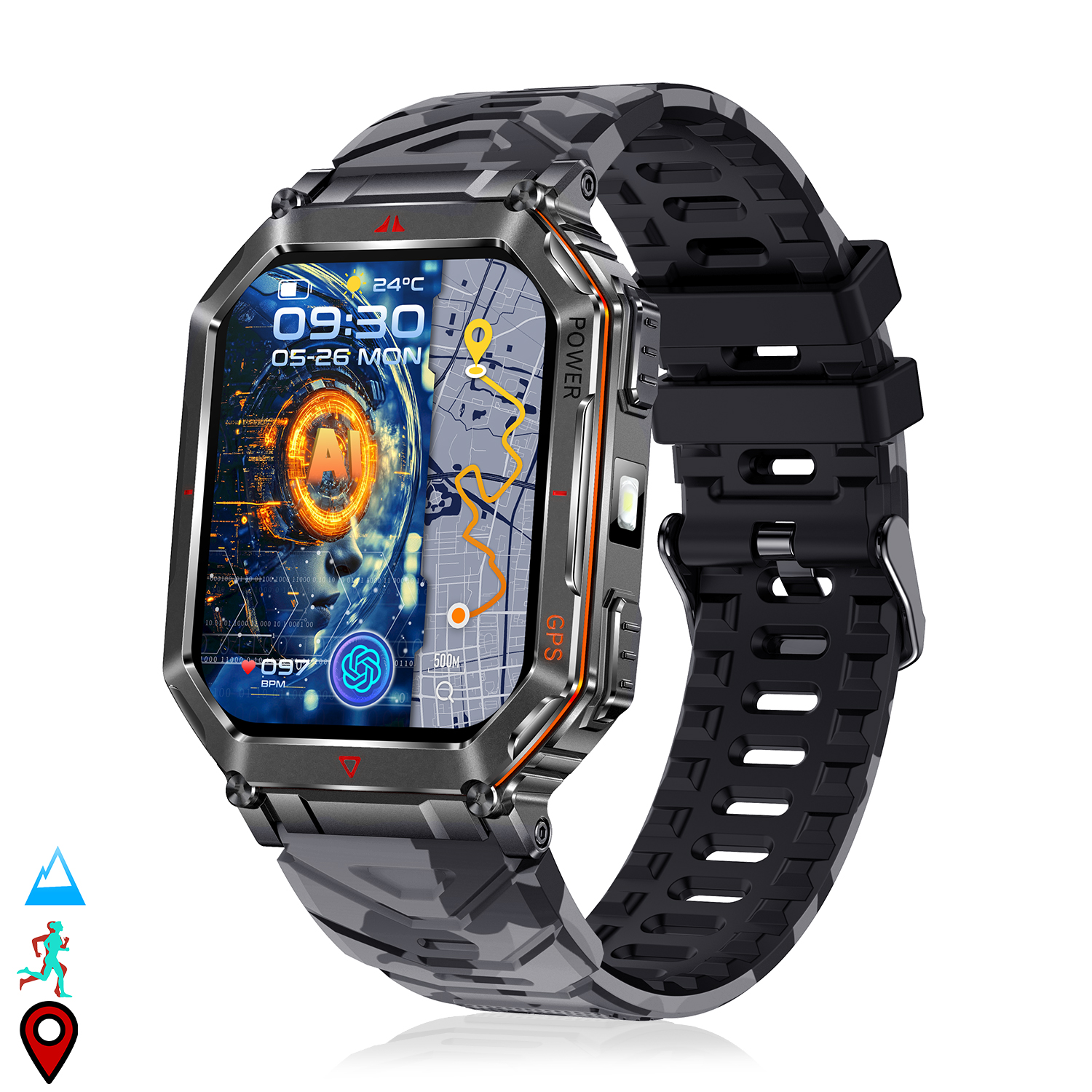 Uno smartwatch mostra ora, data e dati della mappa. Ha un cinturino nero e una cassa in metallo grigio. Lo schermo mostra 24°C, 09:30 e 05-26 MON.