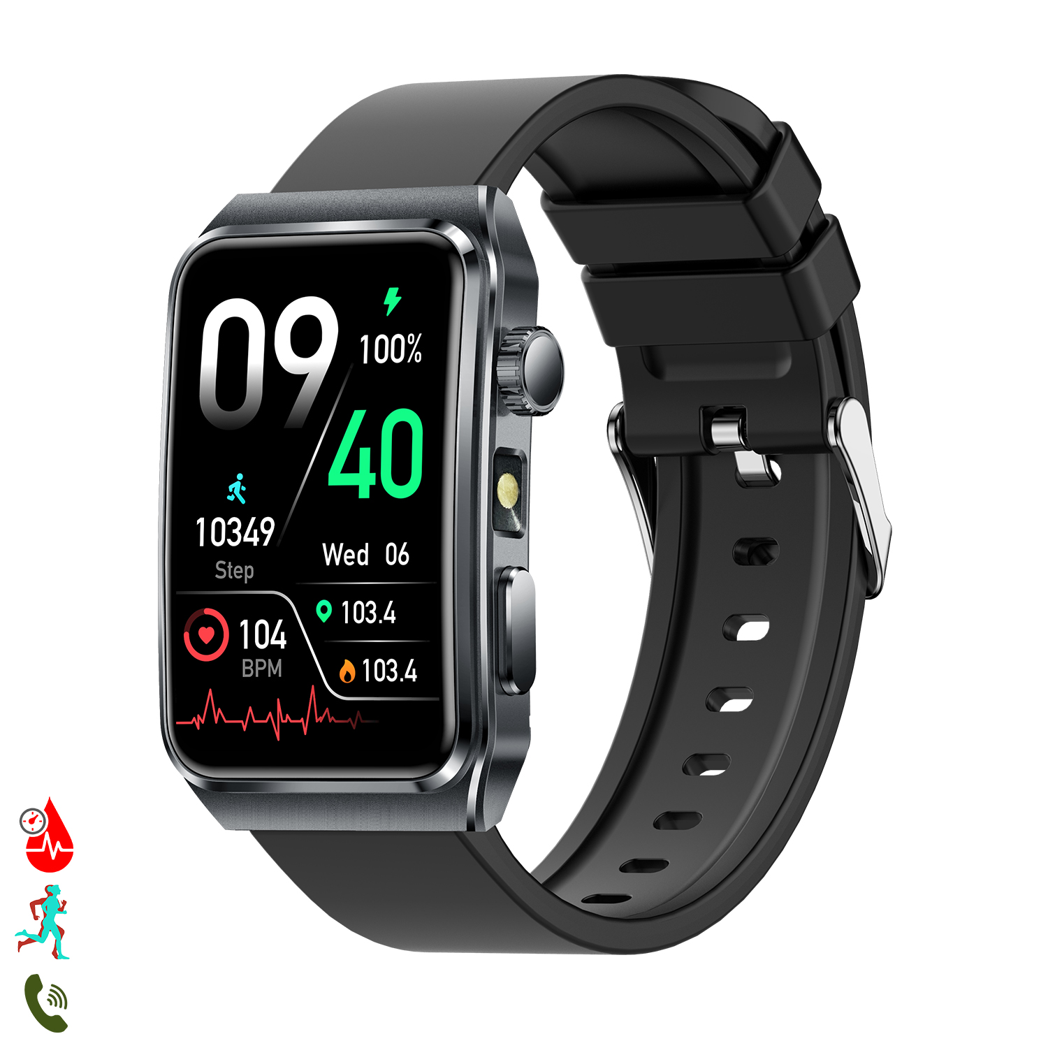 Uno smartwatch con cinturino nero mostra statistiche: ora, passi, frequenza cardiaca e batteria. Lo schermo è nero con testo bianco e verde.