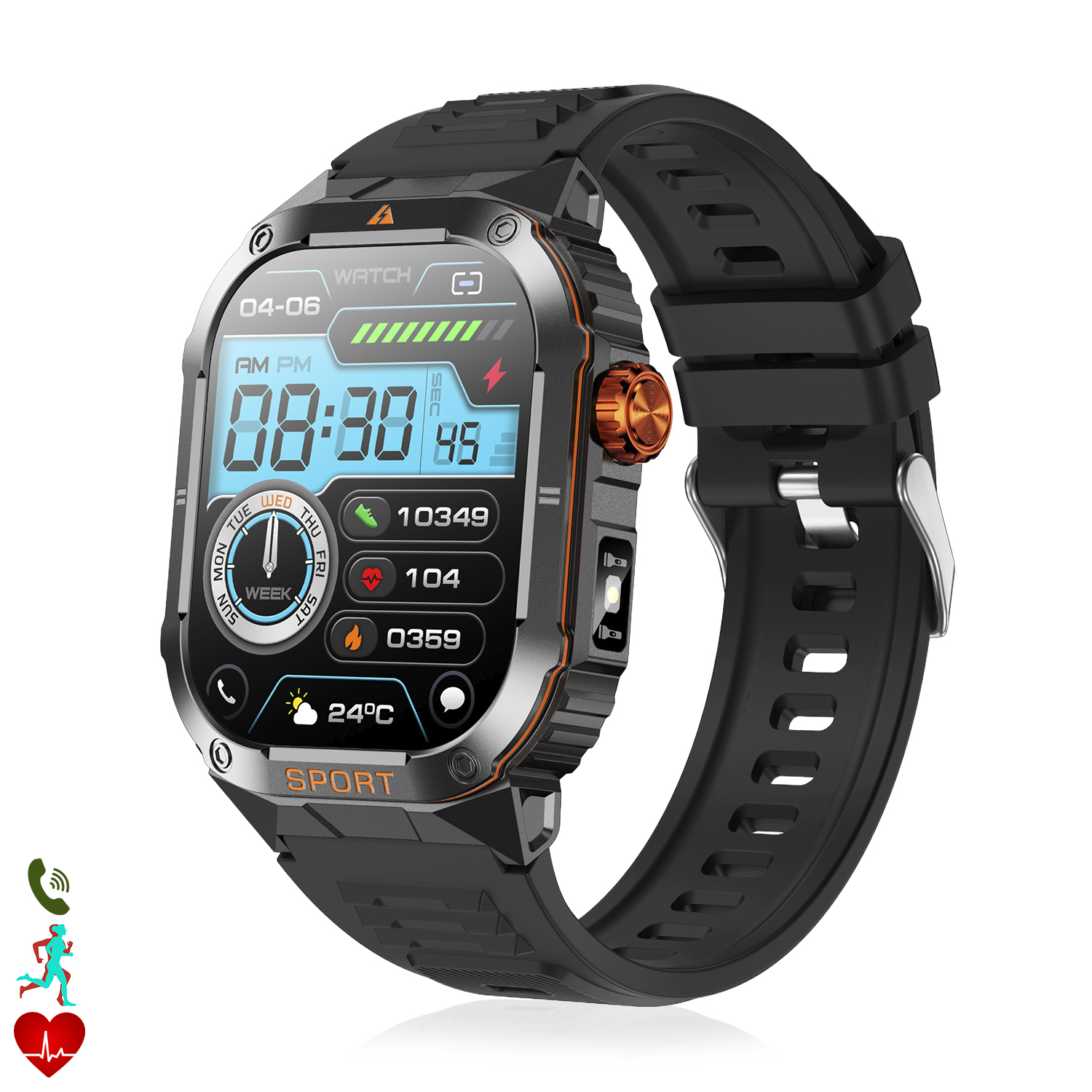 Uno smartwatch nero con display digitale che mostra l'ora e le metriche di salute. Ha un cinturino nero e dettagli arancioni.