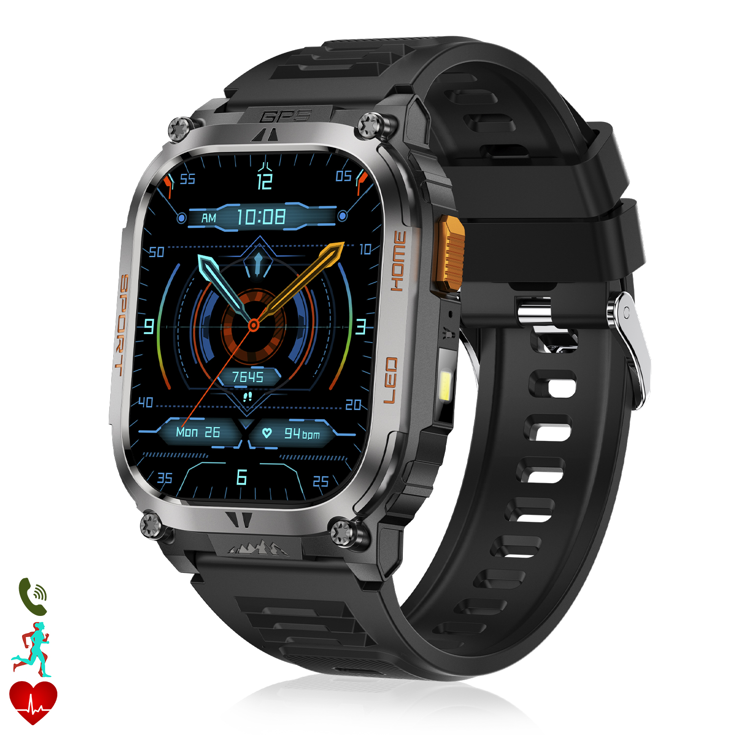 Un moderno smartwatch con cinturino nero. Il quadrante mostra ora, metriche di salute e icone. Lo sfondo è bianco.