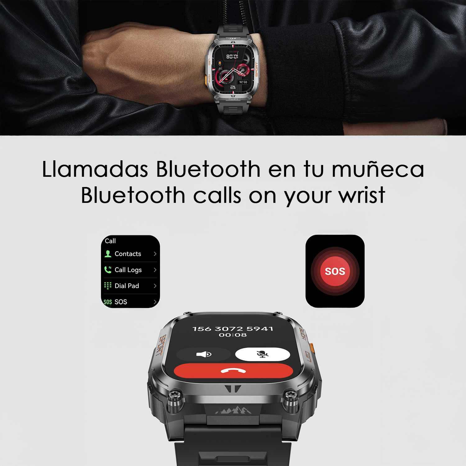 Una persona indossa uno smartwatch. L'orologio mostra le opzioni di chiamata, SOS e uno schermo del telefono con un pulsante di chiamata rosso.