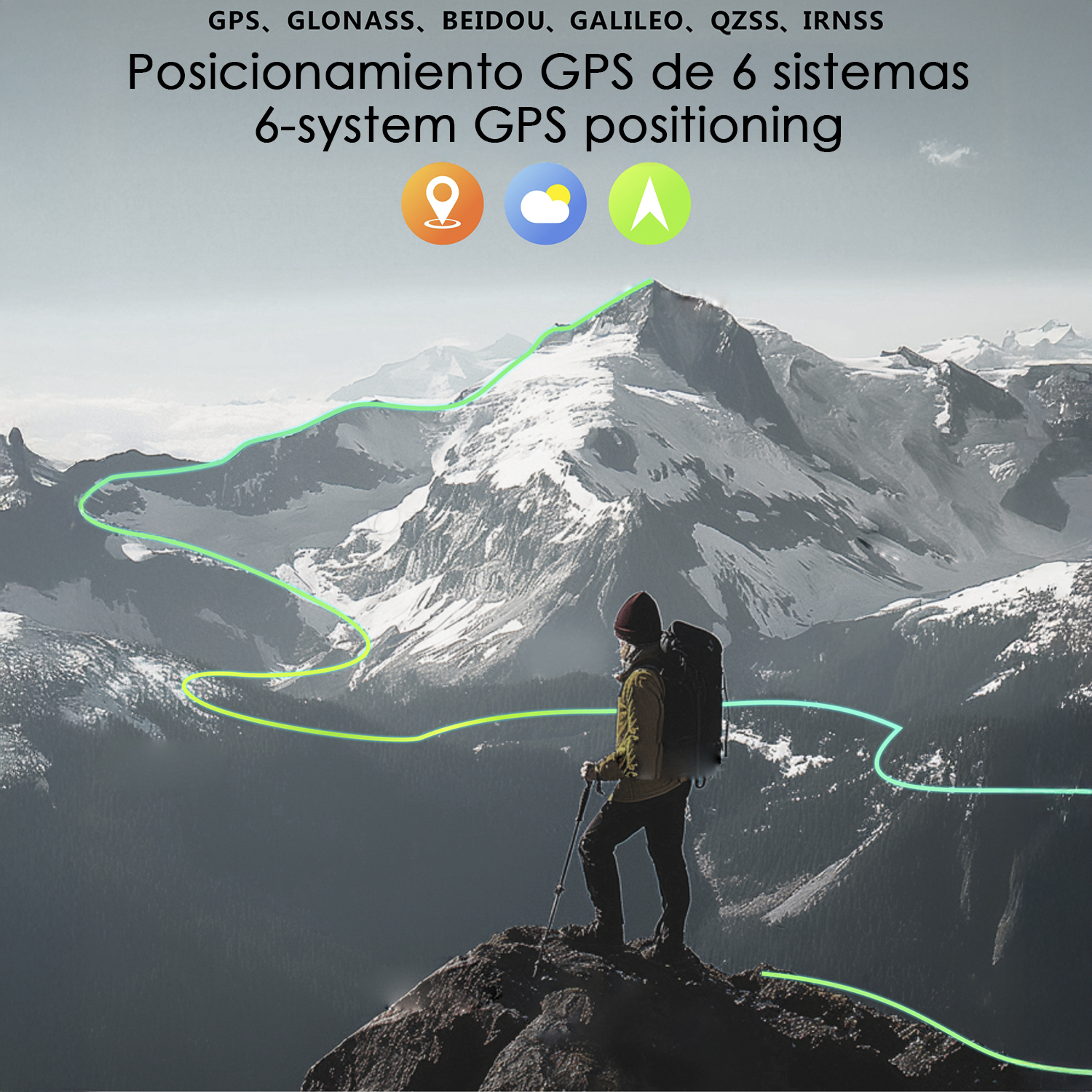 Un escursionista è in piedi sulla cima di una montagna, guardando una catena montuosa. Linee verdi indicano un percorso GPS. Il testo in alto dice sistemi GPS.