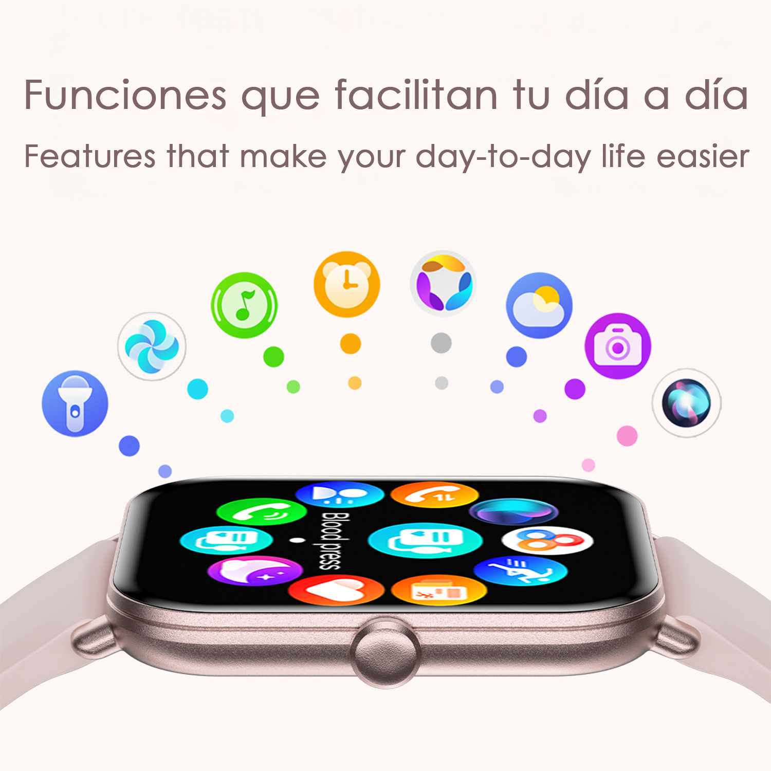 Uno smartwatch color oro rosa con schermo nero che mostra icone di app. Varie icone colorate fluttuano sopra. Il testo dice 'Funzioni che semplificano la tua vita quotidiana'.