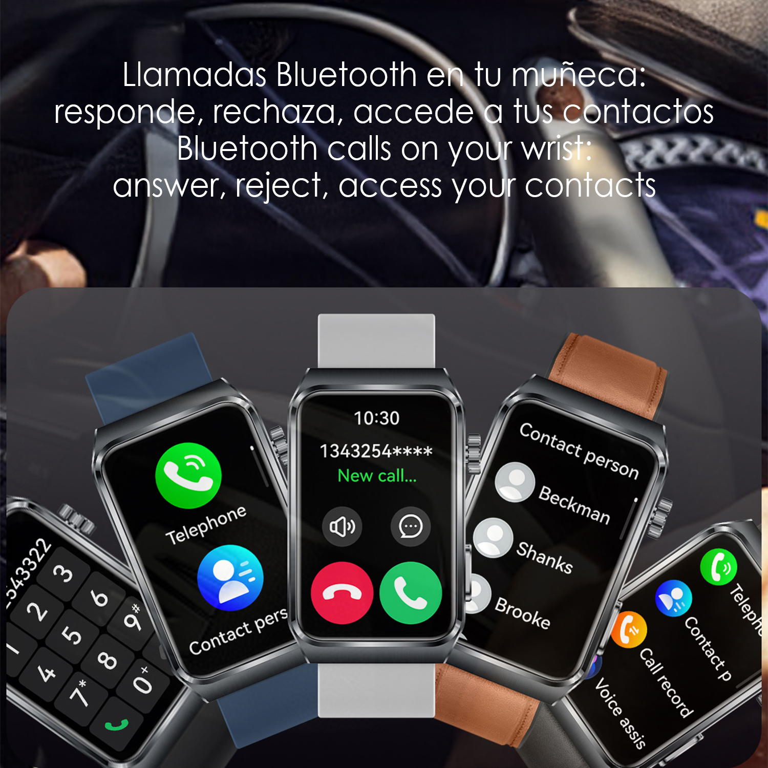 Smartwatch che mostrano funzioni di chiamata: rispondere, rifiutare, contatti. Tastiera telefonica, elenco contatti e registri chiamate.