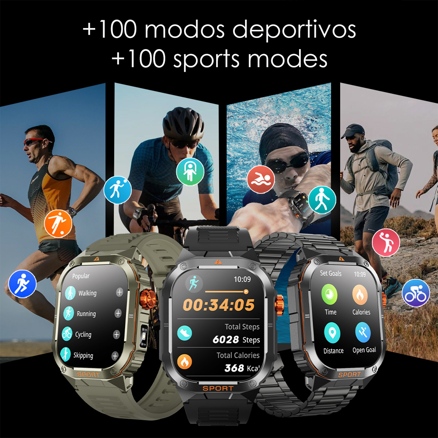 L'immagine mostra uno smartwatch con modalità sportive. Gli atleti sono mostrati mentre corrono, vanno in bicicletta, nuotano e fanno escursioni, con dettagli sull'orologio.