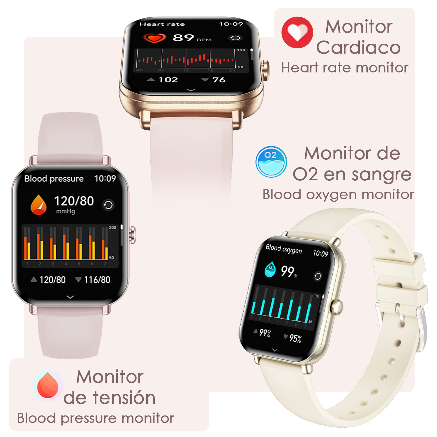 Smartwatch con metriche sanitarie: frequenza cardiaca, pressione sanguigna e livelli di ossigeno nel sangue visibili sugli schermi.