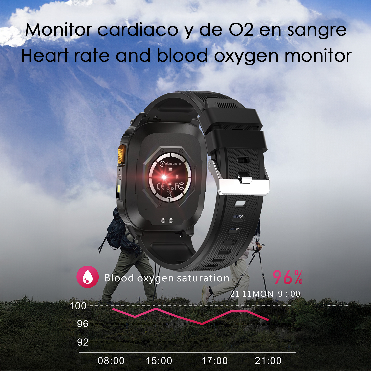 Uno smartwatch mostra la saturazione di ossigeno nel sangue, con uno sfondo montuoso. L'orologio è nero e il grafico mostra un calo.