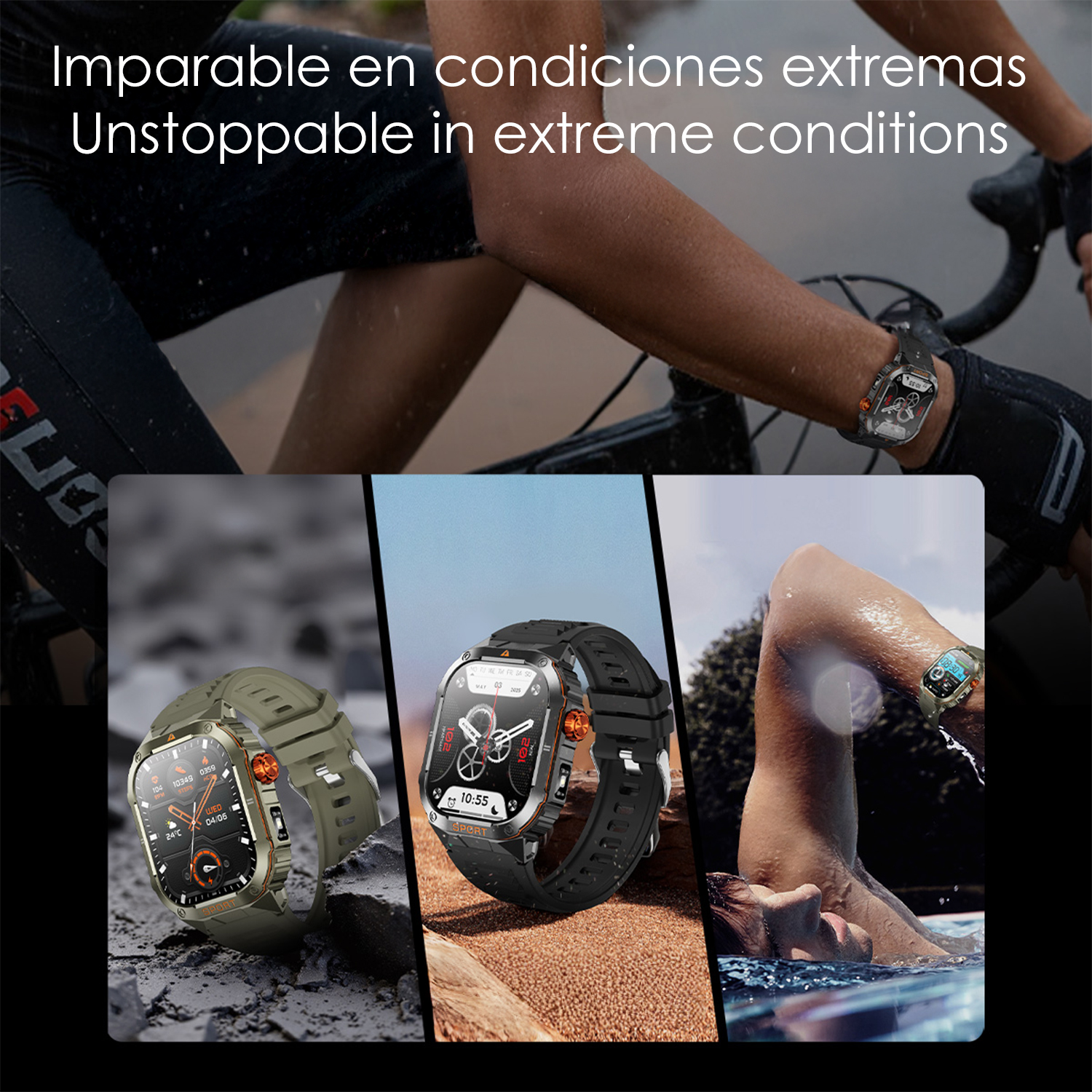 L'immagine mostra un orologio in uso durante il ciclismo, a terra e durante il nuoto. L'orologio è mostrato in diversi colori e design.