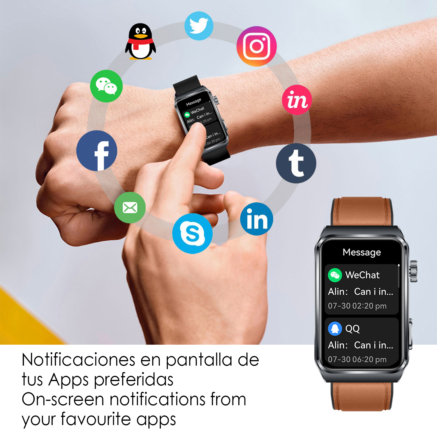 Polso con smartwatch che mostra notifiche di app. Le icone delle app dei social media circondano l'orologio. Viene mostrato un secondo orologio.