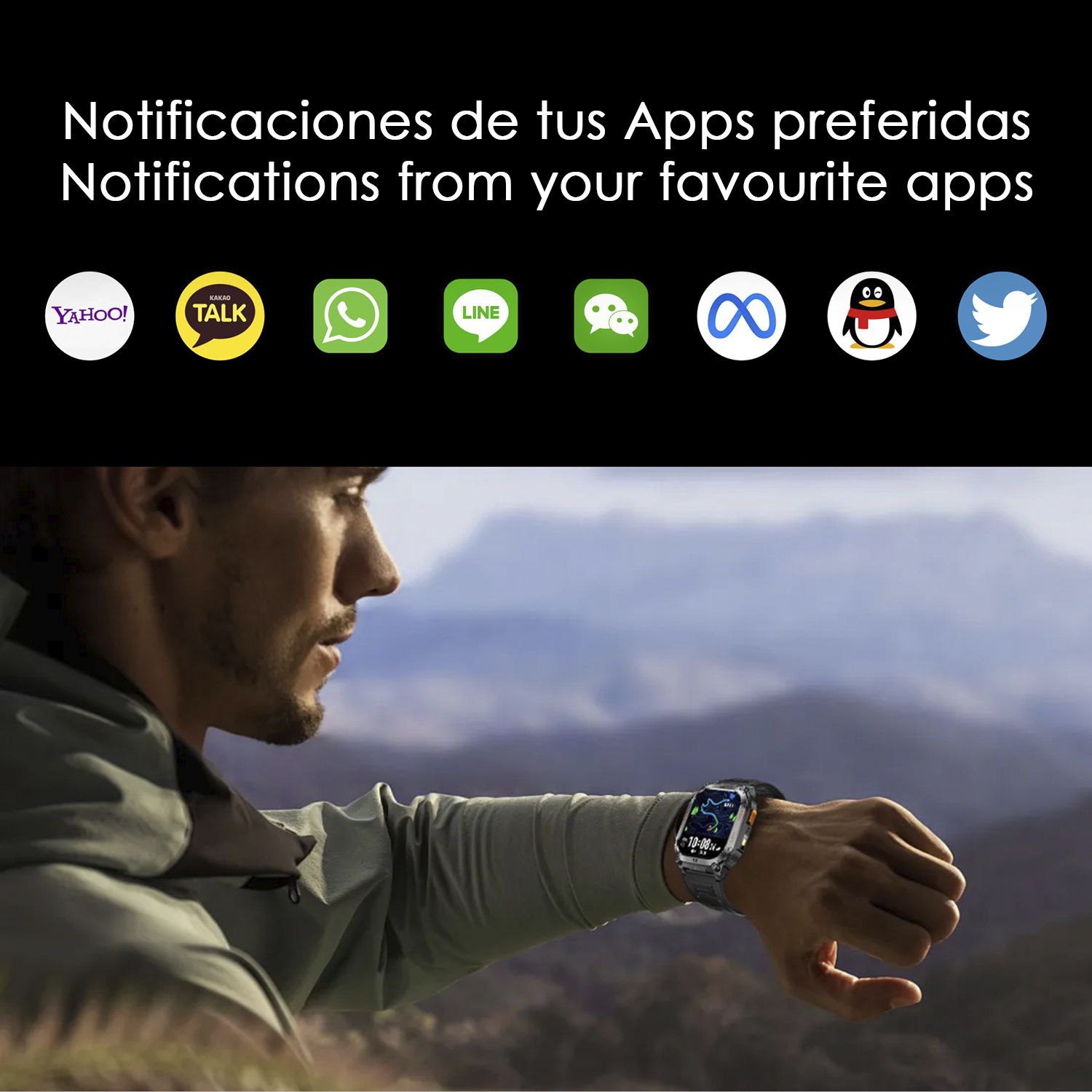 Uomo che guarda uno smartwatch con notifiche. Icone di app sopra. Sfondo montuoso.