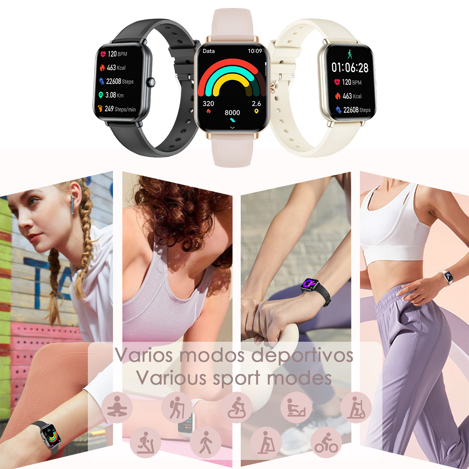 Smartwatch con dati fitness. Varie modalità sportive sono mostrate nell'immagine con donne che indossano gli smartwatch durante l'esercizio.