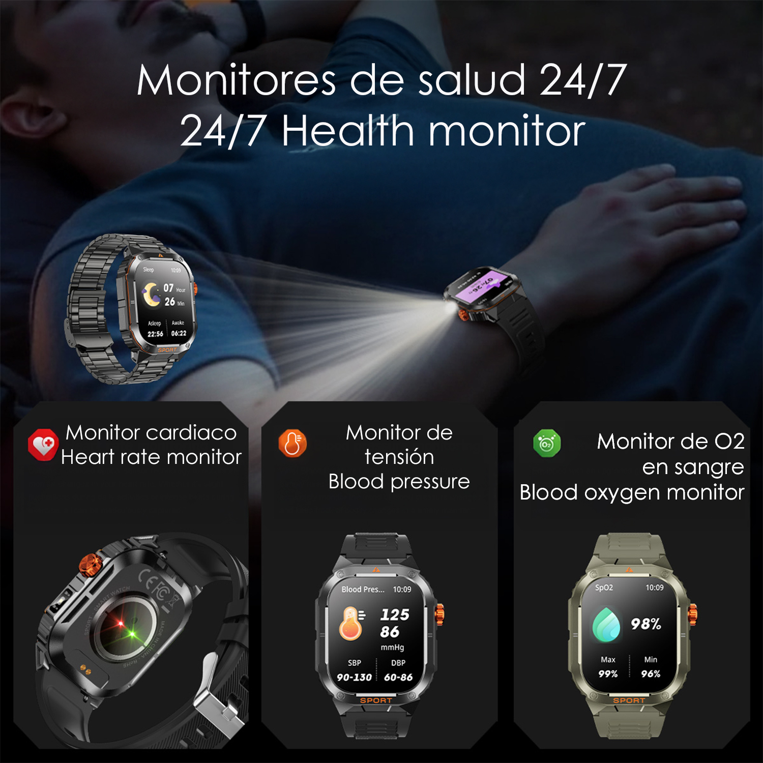 L'immagine mostra monitor sanitari: frequenza cardiaca, pressione sanguigna e ossigeno nel sangue. Una persona indossa uno smartwatch. Testo: 24/7 Health monitor.
