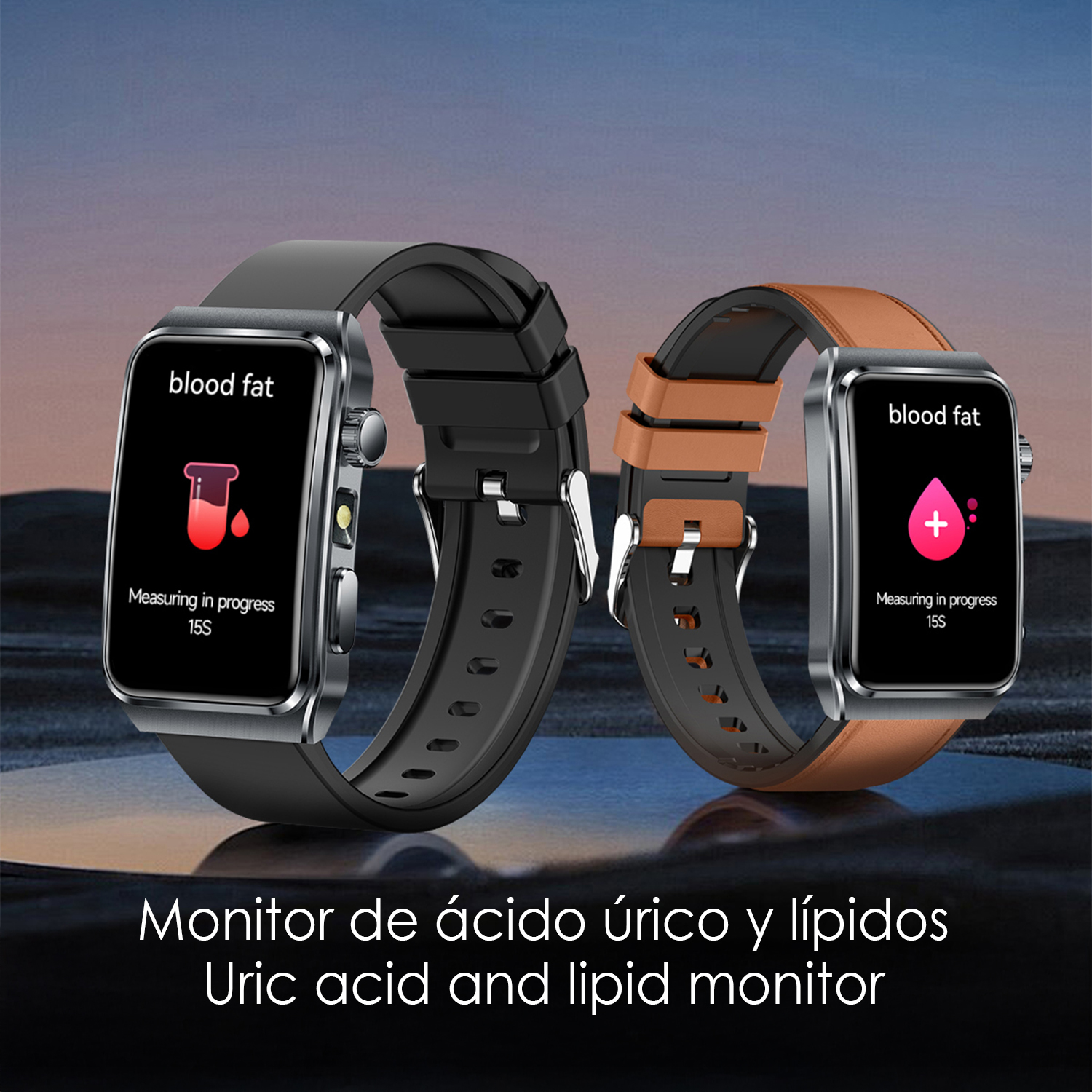 Due smartwatch che mostrano i livelli di grasso nel sangue. Uno ha un cinturino nero, l'altro marrone. Entrambi mostrano misurazione in corso.