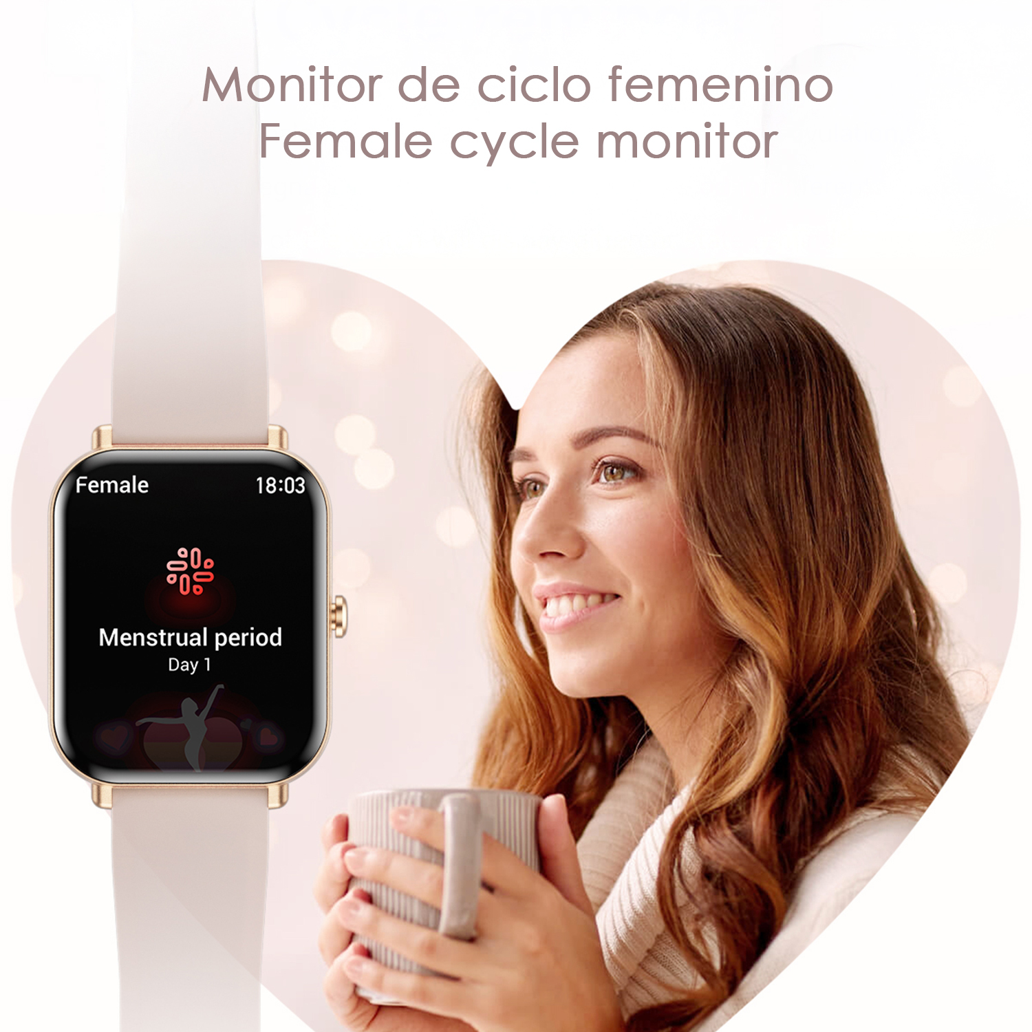 Una donna sorride, tiene una tazza. Uno smartwatch mostra informazioni sul ciclo mestruale. Testo: Monitor ciclo.