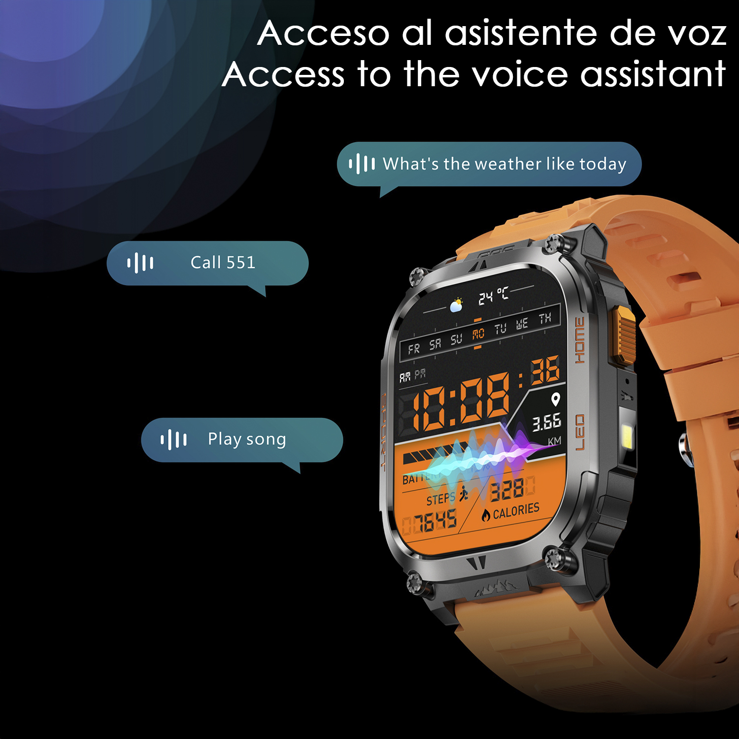 Uno smartwatch con cinturino arancione mostra ora, passi e calorie. Le bolle di testo suggeriscono azioni dell'assistente vocale: chiama, riproduci brano, meteo.