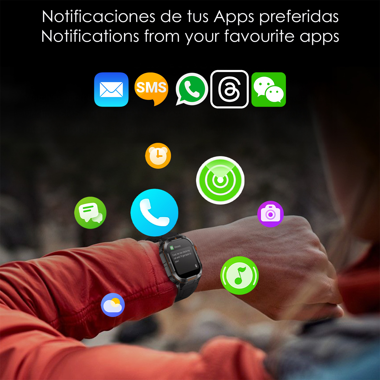 Un braccio con smartwatch mostra notifiche, circondato da icone di app come e-mail, SMS, WhatsApp e altre.