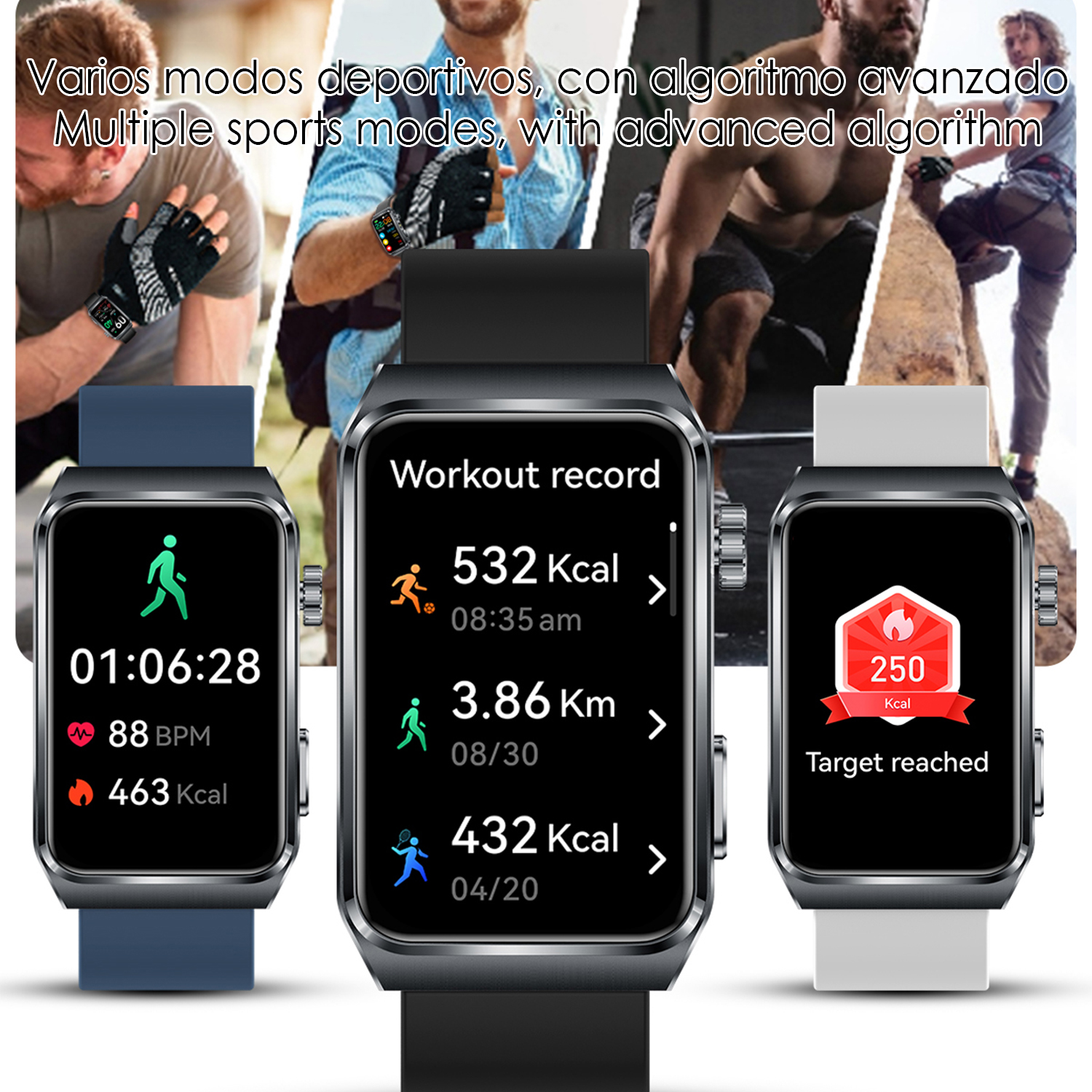 Smartwatch con dati di allenamento: tempo, frequenza cardiaca, calorie, distanza e obiettivo raggiunto. Persone che si allenano.