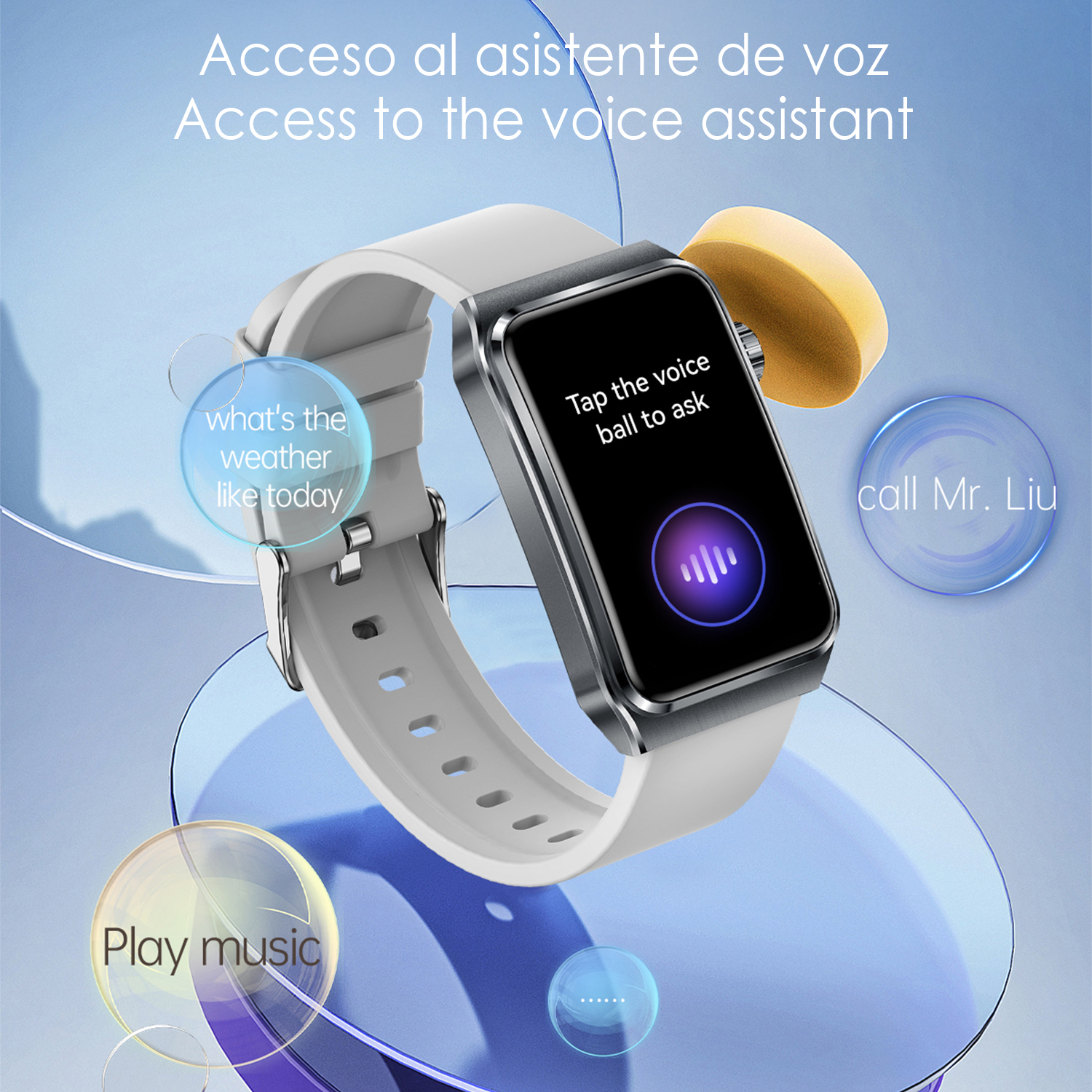 Uno smartwatch con cinturino bianco mostra un'interfaccia di assistente vocale. Bolle di testo indicano opzioni come meteo, musica e chiamate.