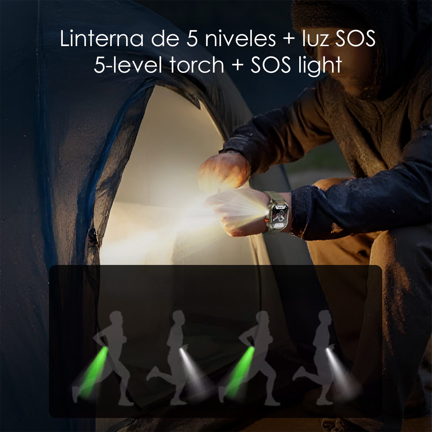 Una persona con un orologio illumina una tenda con una luce intensa. Sono mostrate anche sagome di corridori con luci.