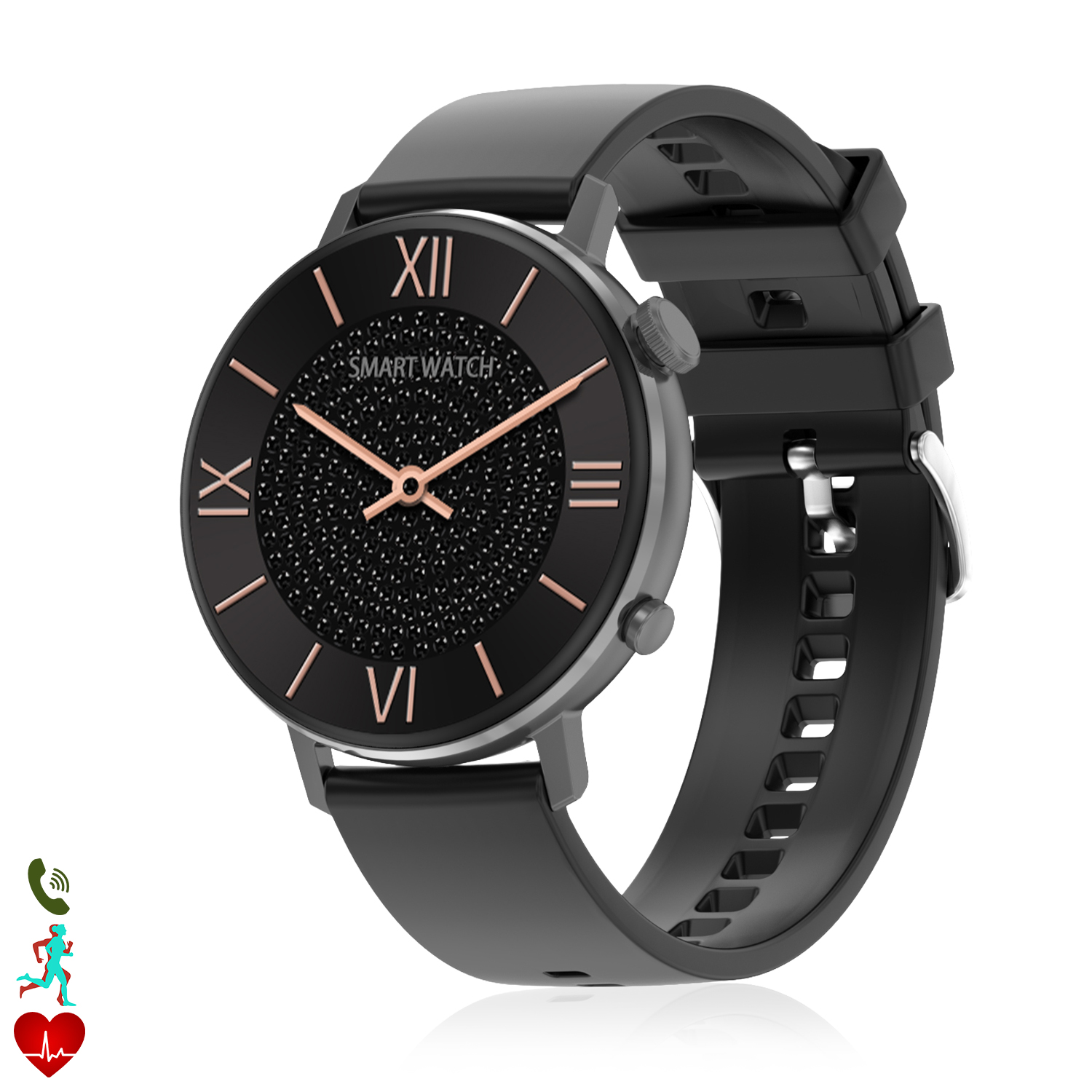 Smartwatch nera con lancette e numeri oro rosa su quadrante nero. Cinturino nero. Icone di telefono, corridore e cuore.