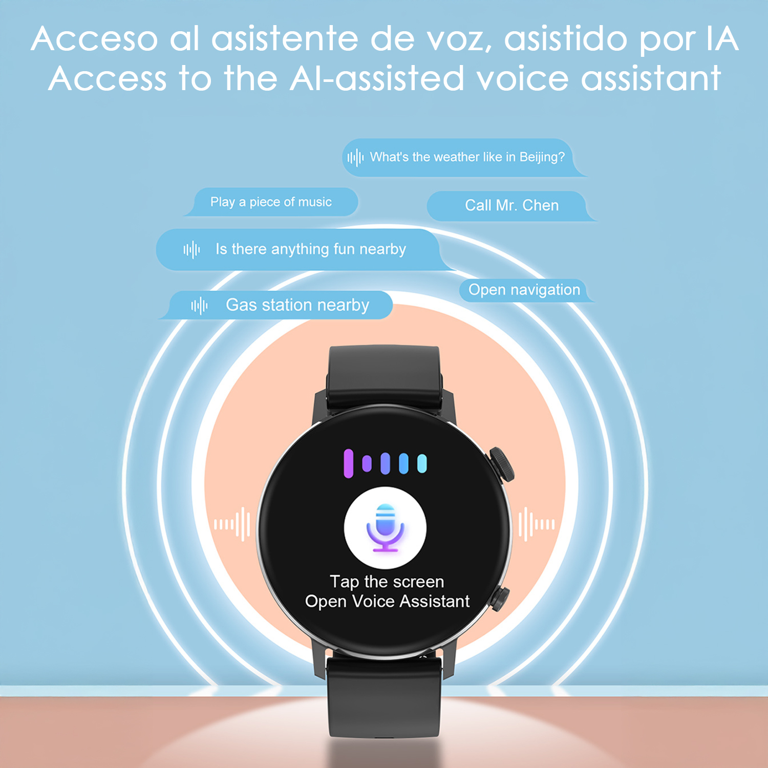 Smartwatch che mostra l'interfaccia dell'assistente vocale. I comandi includono meteo, musica, navigazione, divertimenti nelle vicinanze e ricerca stazioni di servizio.