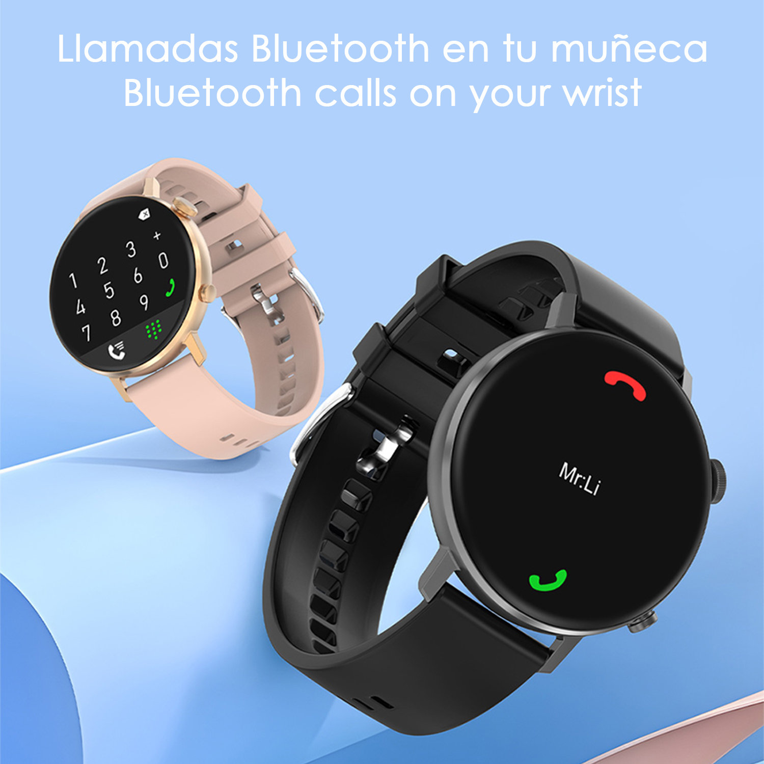 Due smartwatch su sfondo blu. Uno mostra un tastierino numerico, l'altro una chiamata in arrivo da Mr:Li.