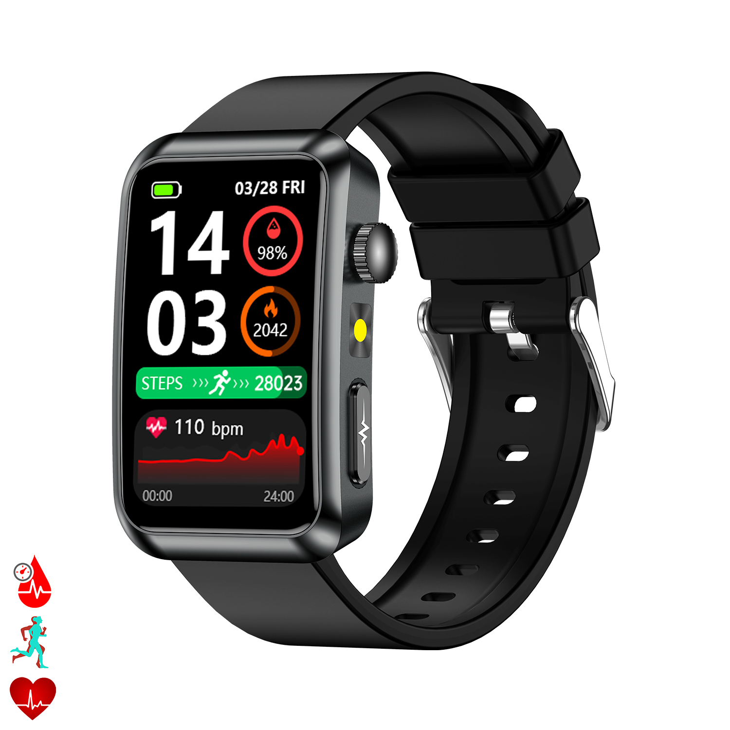 Uno smartwatch nero mostra ora, passi e frequenza cardiaca. Ha un cinturino nero. Lo schermo mostra dati e icone su sfondo bianco.