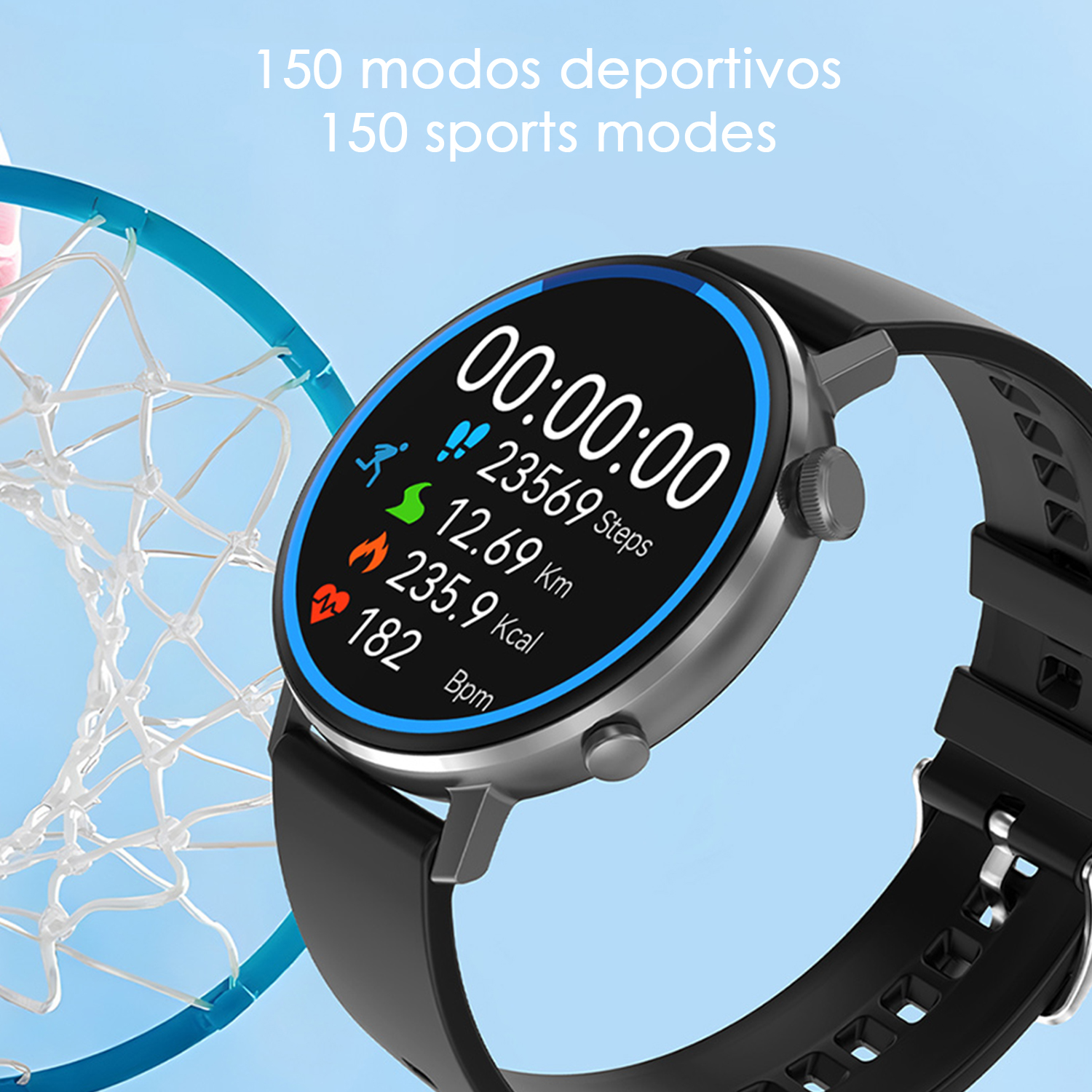 Uno smartwatch mostra dati di fitness, tra cui passi, distanza e frequenza cardiaca. Un canestro da basket è visibile sullo sfondo.