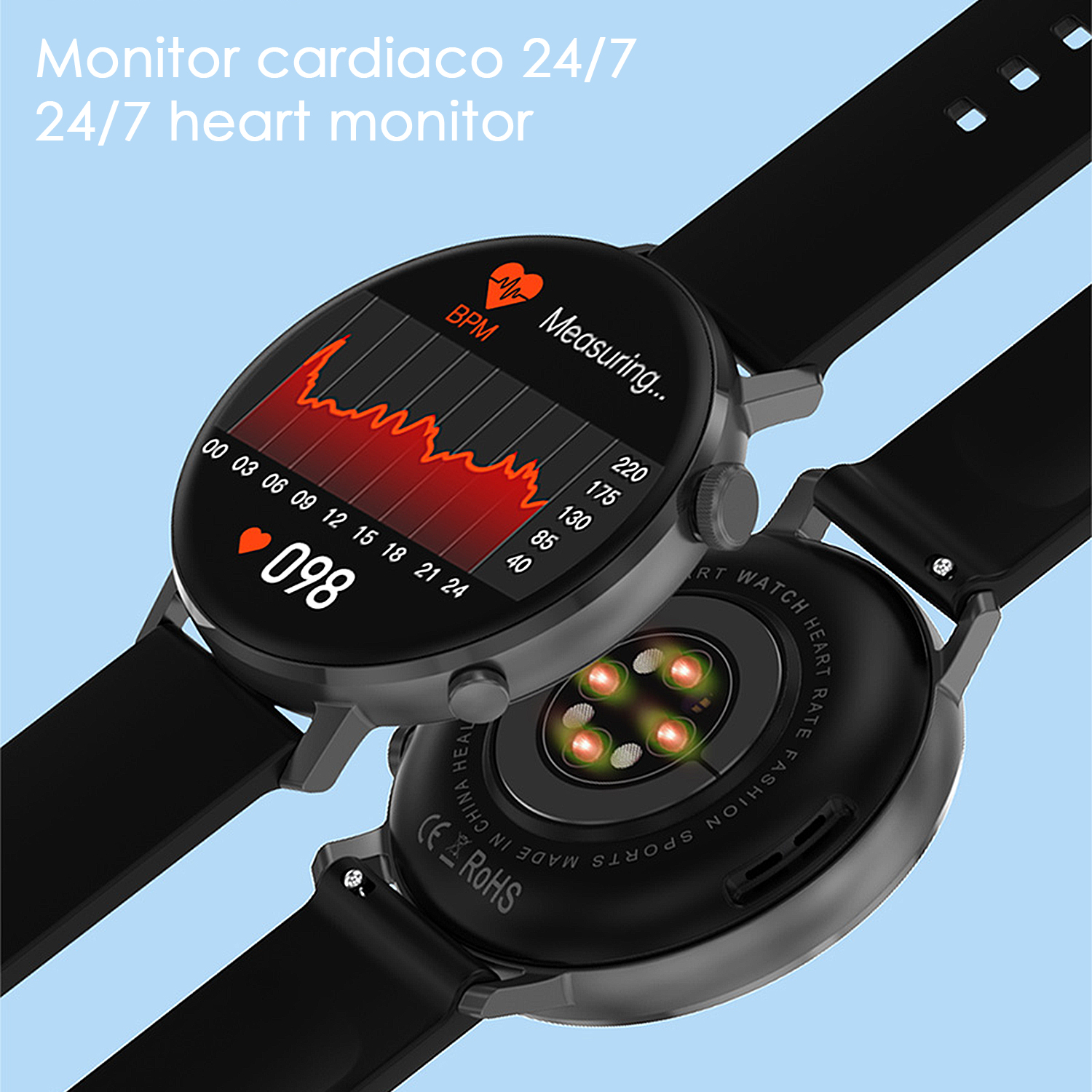 Uno smartwatch mostra un grafico della frequenza cardiaca. L'orologio è nero con cinturino nero, lo sfondo è azzurro.