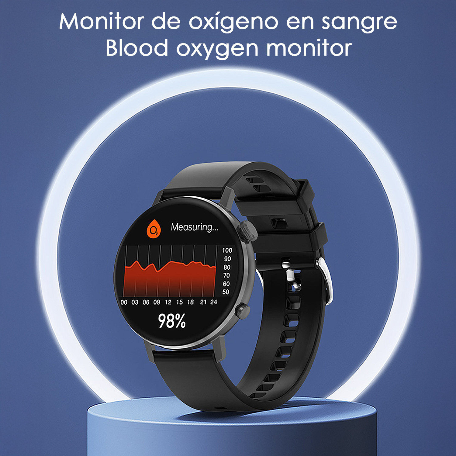 Uno smartwatch nero mostra i livelli di ossigeno nel sangue. Lo schermo mostra un grafico e una percentuale. L'orologio è su un piedistallo blu.