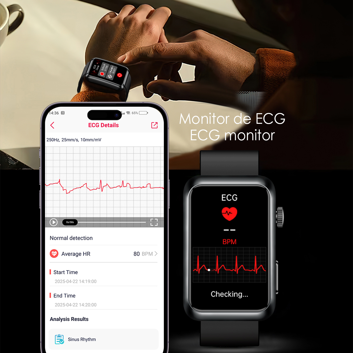 Una persona indossa uno smartwatch che mostra un ECG. Lo schermo del telefono mostra i dettagli dell'ECG con frequenza cardiaca e timestamp.