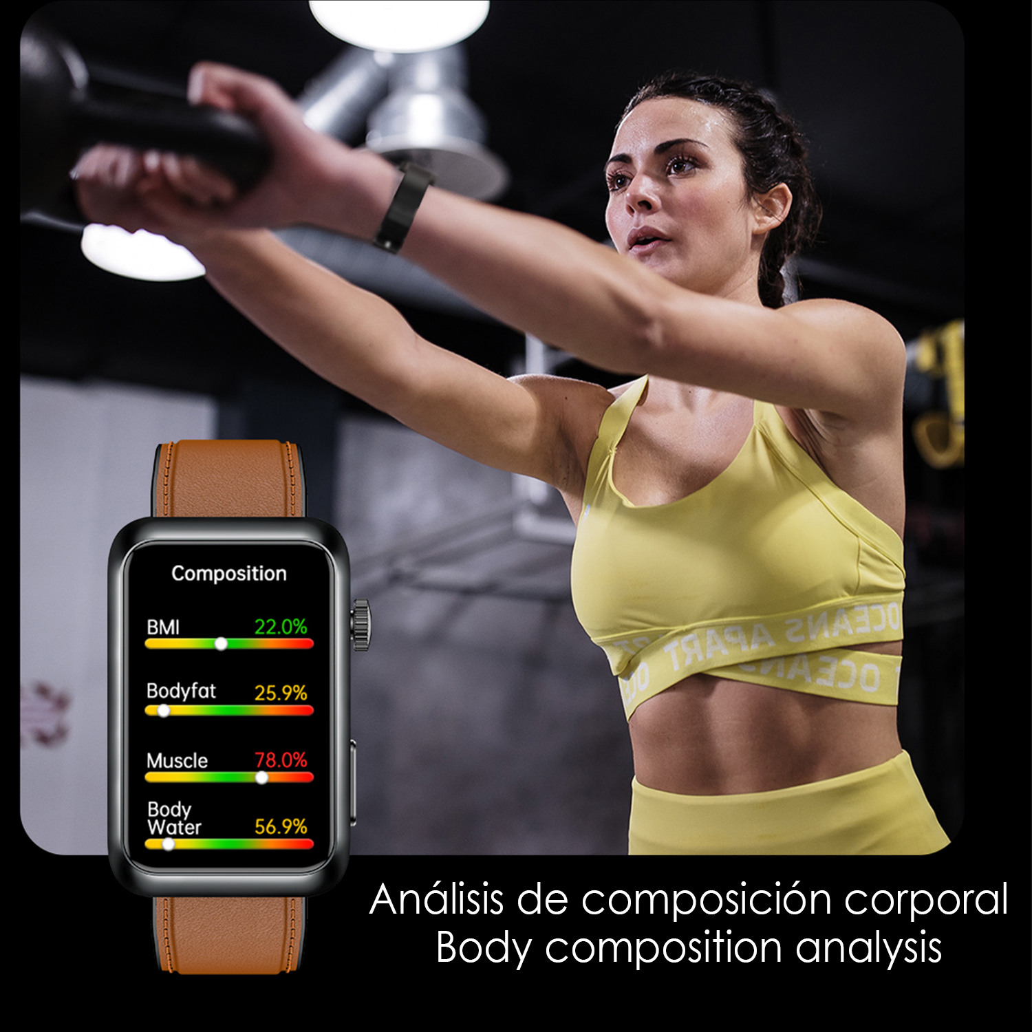 Donna in abbigliamento sportivo giallo che solleva un manubrio. Uno smartwatch mostra l'analisi della composizione corporea. Il testo dice "Body composition analysis".