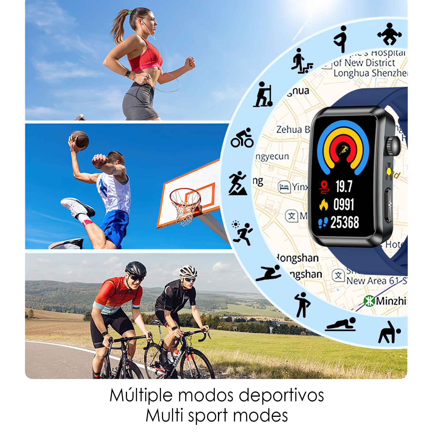 L'immagine mostra persone attive: corridore, giocatore di basket, ciclisti. Orologio sportivo con mappa e statistiche. Testo: Modalità multi sport.