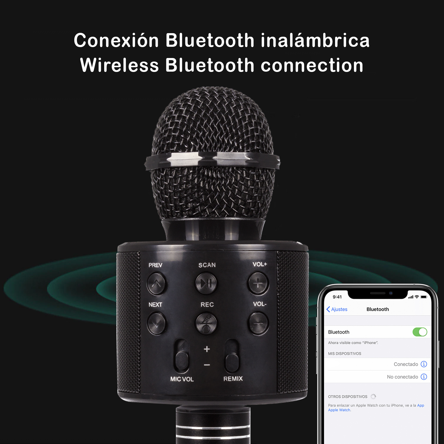 Un micrófono negro con botones y un teléfono que muestra la configuración de Bluetooth. El texto dice: 'Wireless Bluetooth connection'.