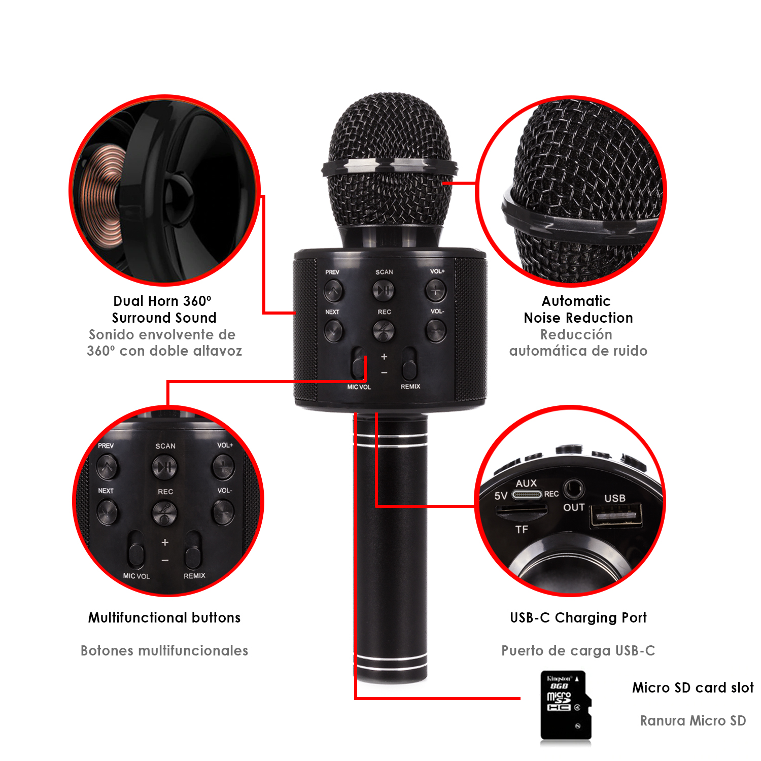 Micrófono negro con botones, puerto USB-C y ranura para tarjeta micro SD. Incluye sonido envolvente de 360° y reducción de ruido.
