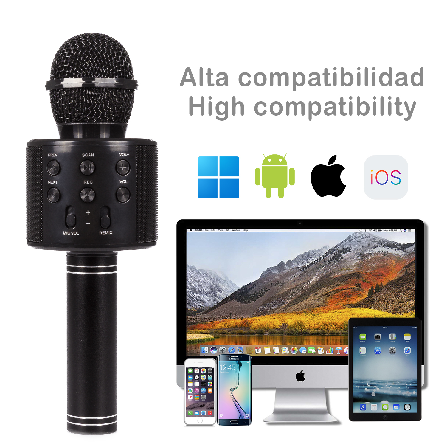 Un micrófono negro con botones. Iconos de Android, Apple, Windows e iOS. Se muestra una computadora, teléfonos y una tableta.