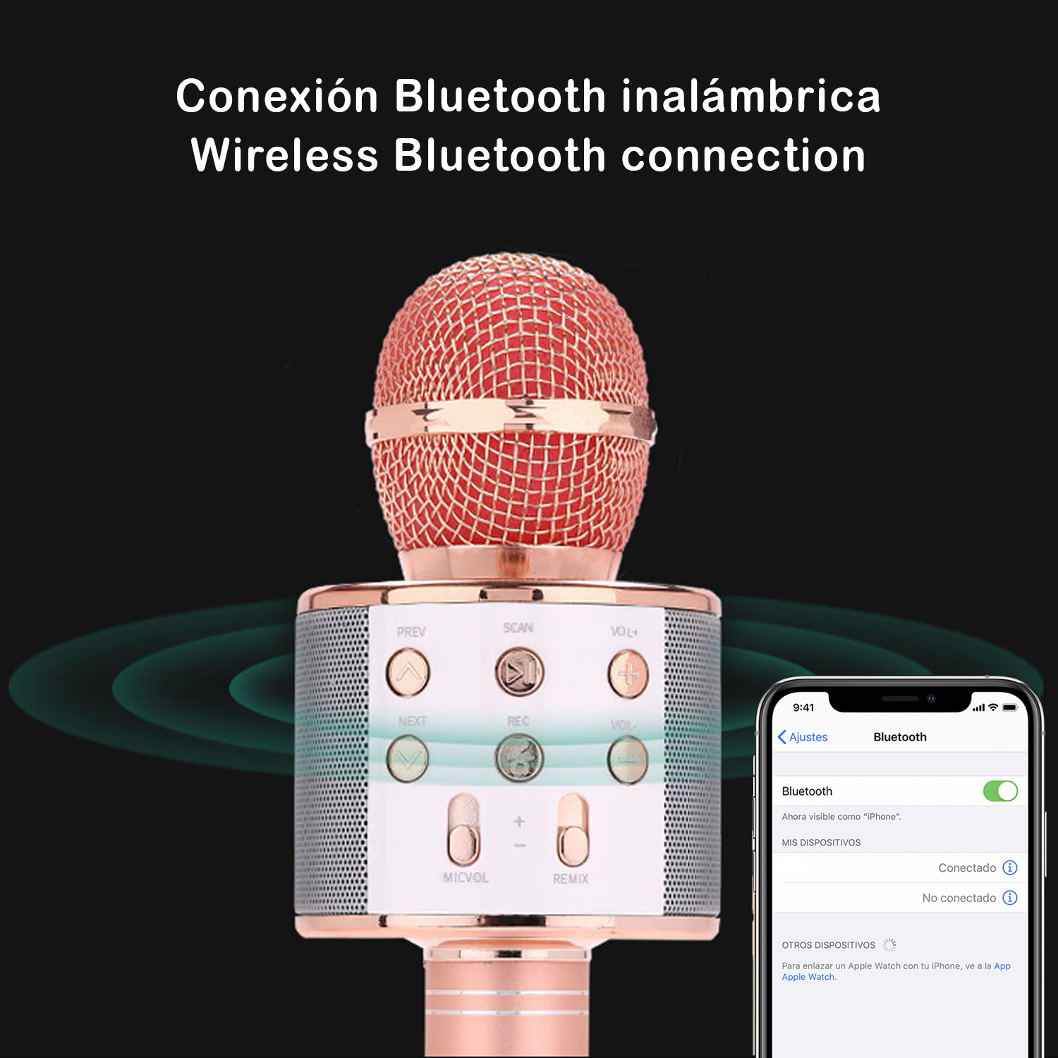 Un micrófono dorado con malla roja, rodeado de gráficos de conexión Bluetooth y una pantalla de teléfono que muestra un dispositivo conectado.