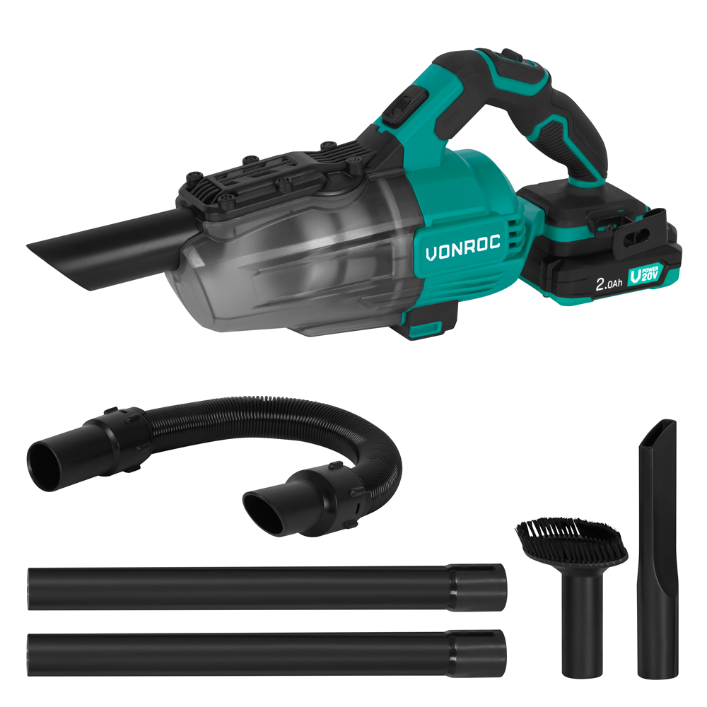 A teal and black cordless vacuum cleaner with attachments. Includes a flexible hose, two tubes, a brush and a crevice tool.