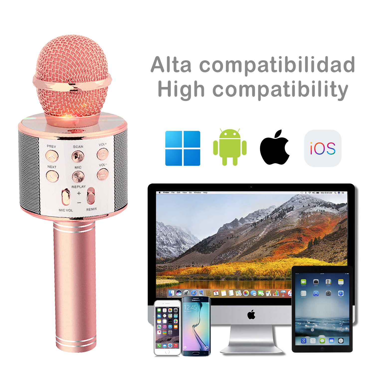 Un micrófono rosa dorado junto a una computadora, teléfono y tableta. Se muestran iconos de Windows, Android, Apple e iOS.