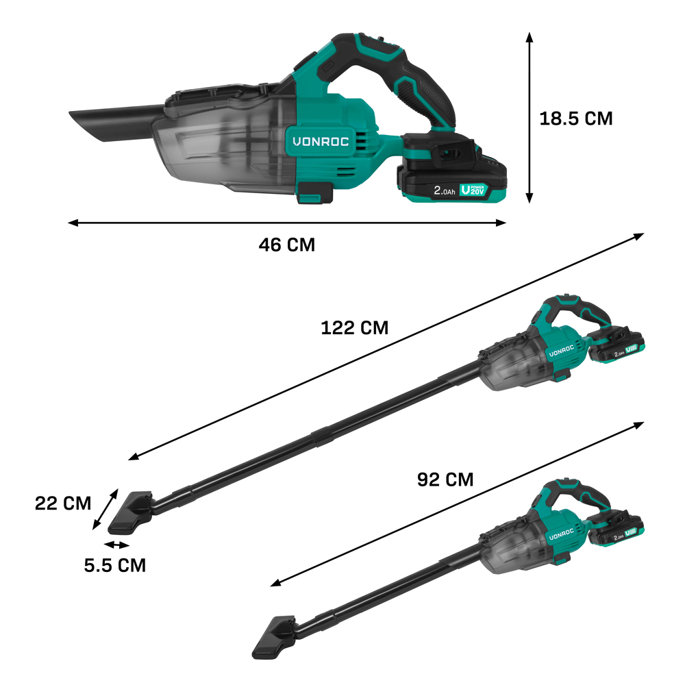 A VORONC cordless vacuum cleaner, black and teal, has multiple attachments. Dimensions are labeled in cm.