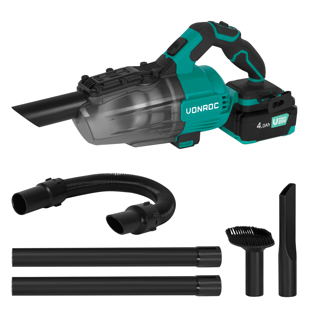 A teal and black cordless handheld vacuum cleaner with attachments, including a hose, brushes, and extension wands, on a white background.