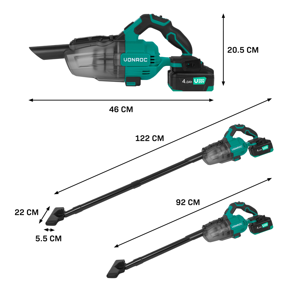 A green and black VONROC handheld vacuum cleaner with dimensions. Includes a long nozzle and battery pack. Measurements are labeled.