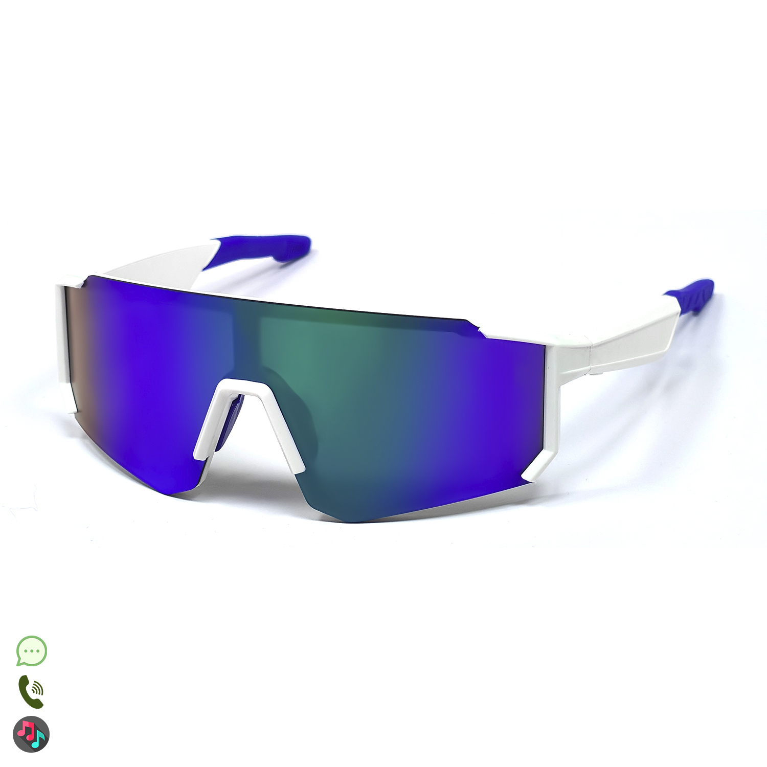 Occhiali da sole con montatura bianca, lenti a specchio viola/verdi e dettagli blu sulle aste, su sfondo bianco.