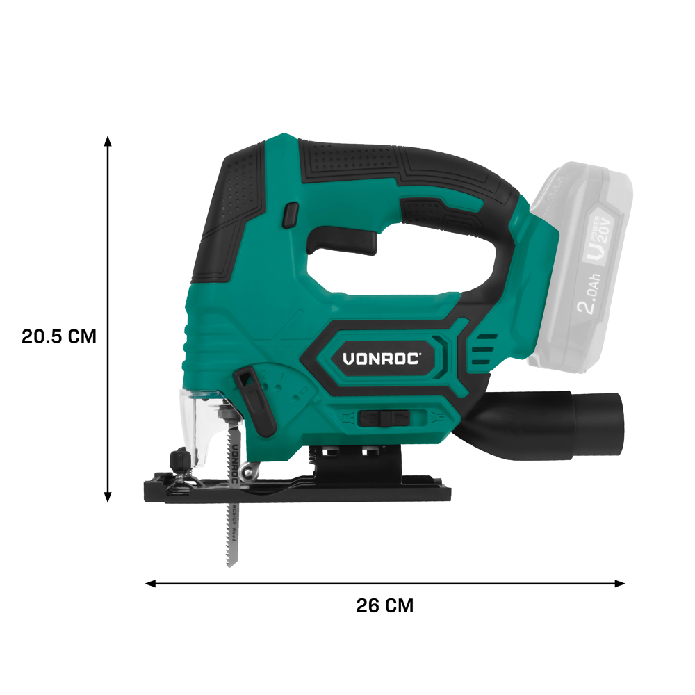 Een teal en zwarte Vonroc decoupeerzaag met een batterij. Afmetingen zijn 20,5 cm hoog en 26 cm lang. Het zaagblad is zichtbaar.