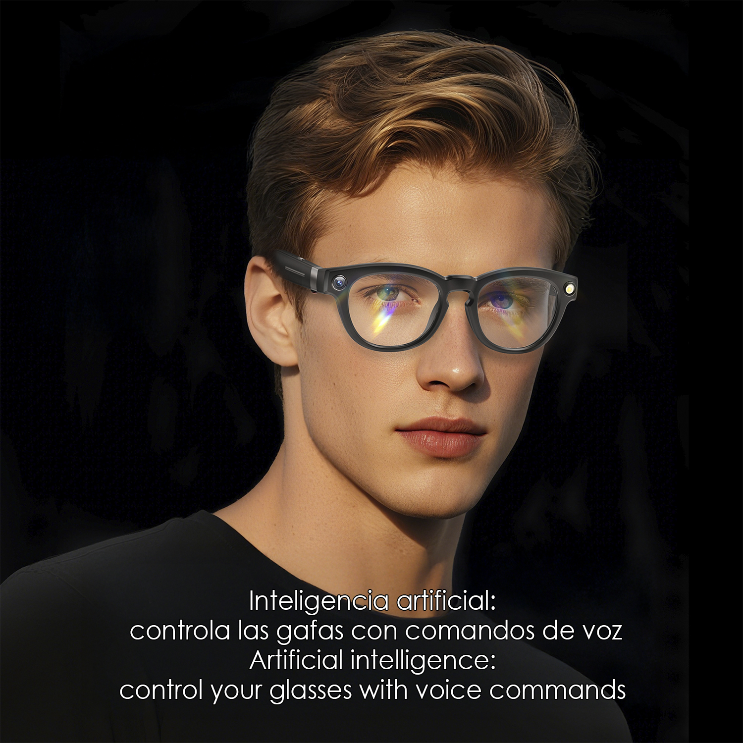 Un uomo con occhiali su sfondo nero. Testo: Intelligenza artificiale: controlla i tuoi occhiali.